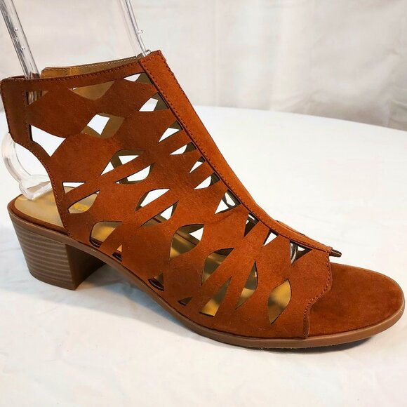 Womens Bongo Brown Block Heels Sandals Cutout Ankle Bootie Open Toe Shoe size 11 - Picture 1 of 12